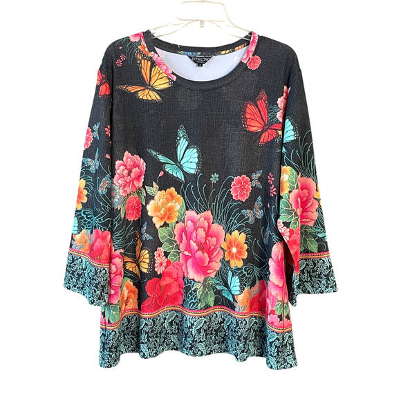 CITRON SANTA MONICA Butterflies In Flight Size 1X Pullover 3/4 Sleeve Tunic Top - Picture 1 of 10